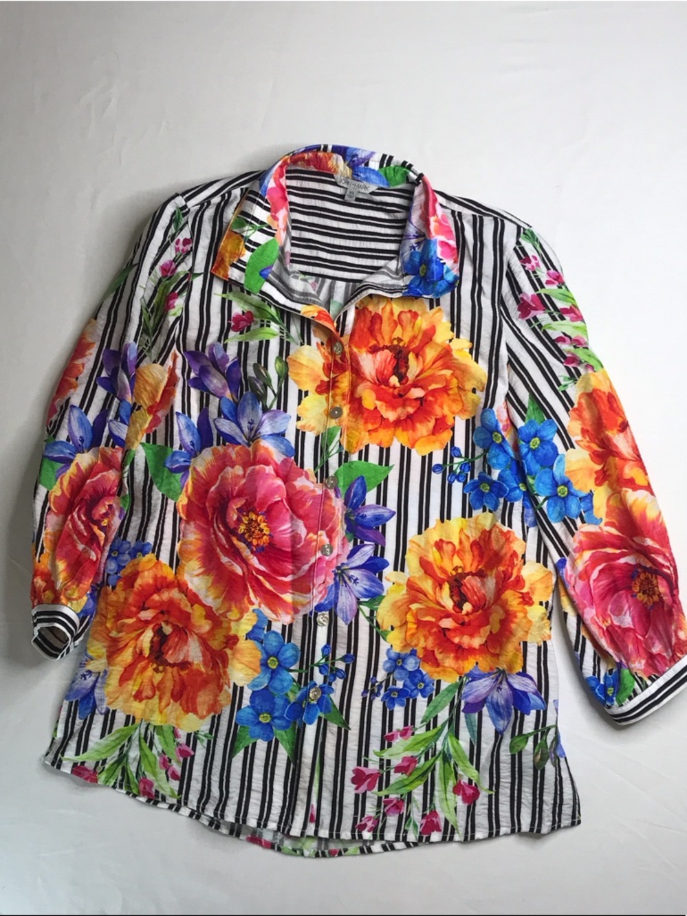 John Mark Multicolor Floral Stripe Tunic - Orange, Pink, Blue XS